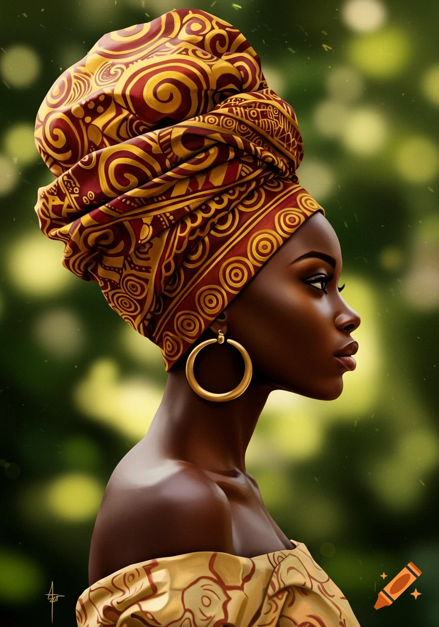 Portrait of a Black woman in a vibrant red and gold patterned African head wrap and dress, looking right, with a blurred green background.