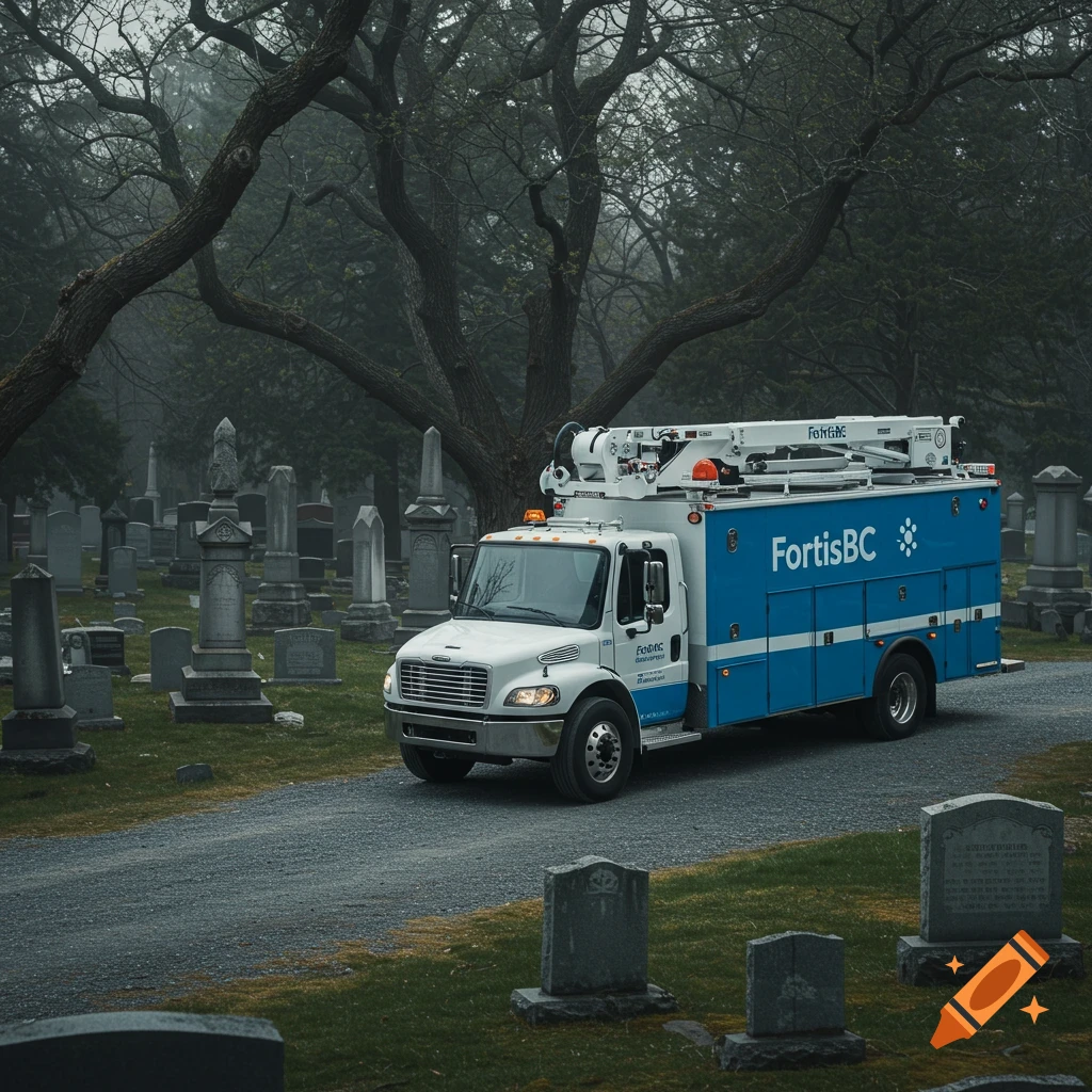 A white and blue FortisBC utility truck parked on a gravel path in a foggy graveyard with headstones and old trees.