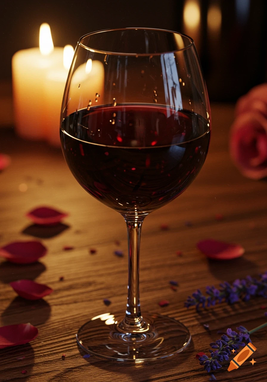 A close-up, photorealistic shot of a glass of red wine on a wooden table, surrounded by lit candles, red rose petals, and lavender.
