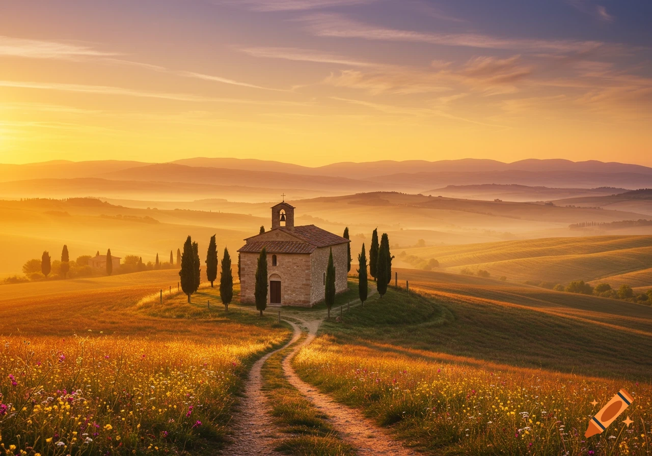 Photorealistic landscape of a stone chapel on a hill, surrounded by trees and a dirt path, under a golden sunrise sky with misty rolling hills.