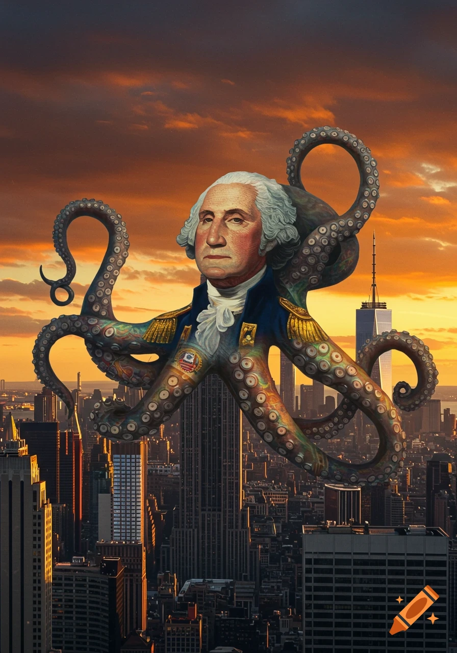 A surreal image of George Washington with an octopus body towering over the Manhattan skyline at sunset.