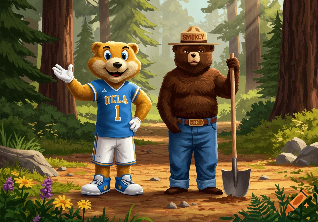 A cartoon UCLA Bruin mascot and Smokey Bear stand in a forest clearing. The Bruin wears a blue UCLA jersey, waving. Smokey Bear wears his hat and jeans, holding a shovel.