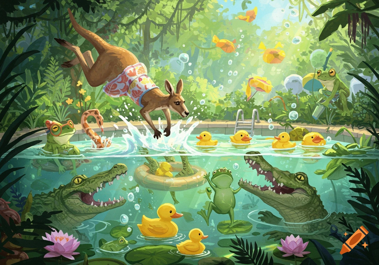 A whimsical illustration of a kangaroo in a swim skirt diving into a lush jungle pool filled with frogs, alligators, rubber ducks, and a snake.