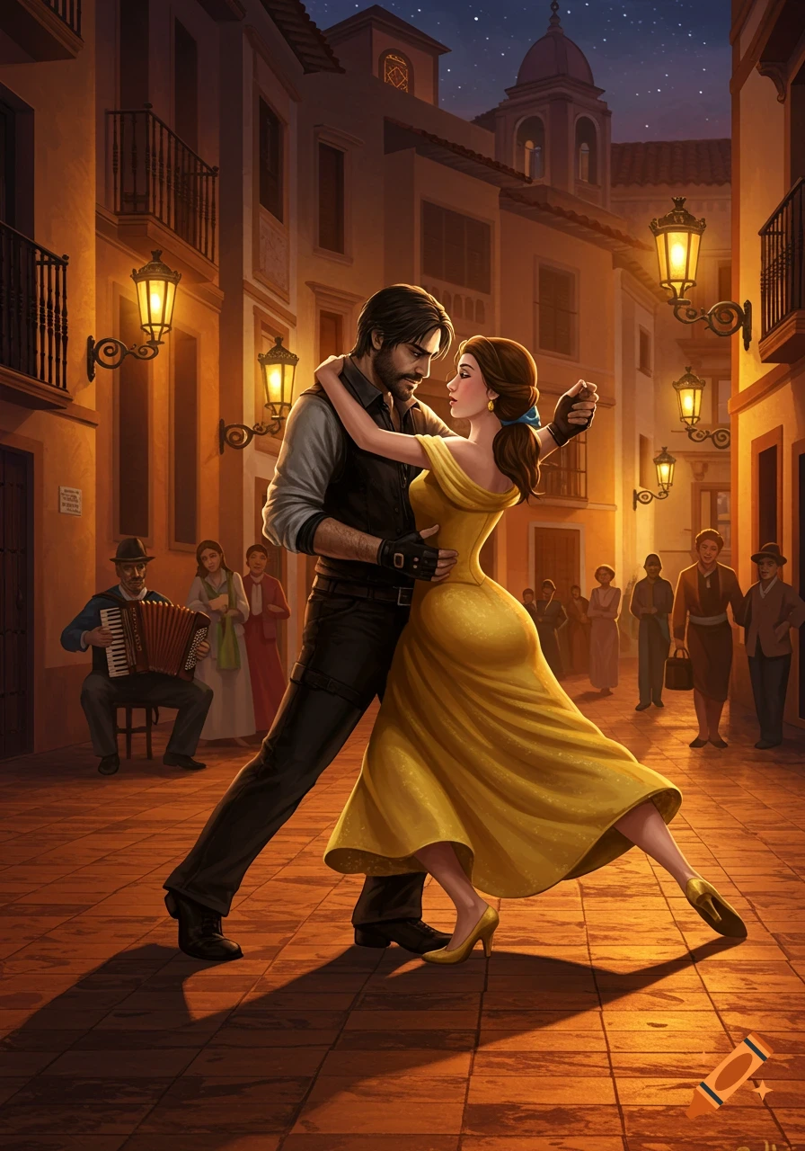 Illustration of a man and woman dancing tango on a well-lit Spanish city street at night.