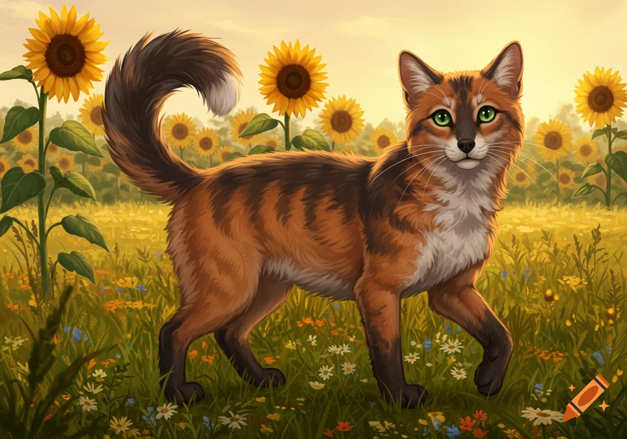 A cat-like creature with green eyes and brown and orange fur stands in a field of yellow sunflowers and wildflowers under a warm sky.