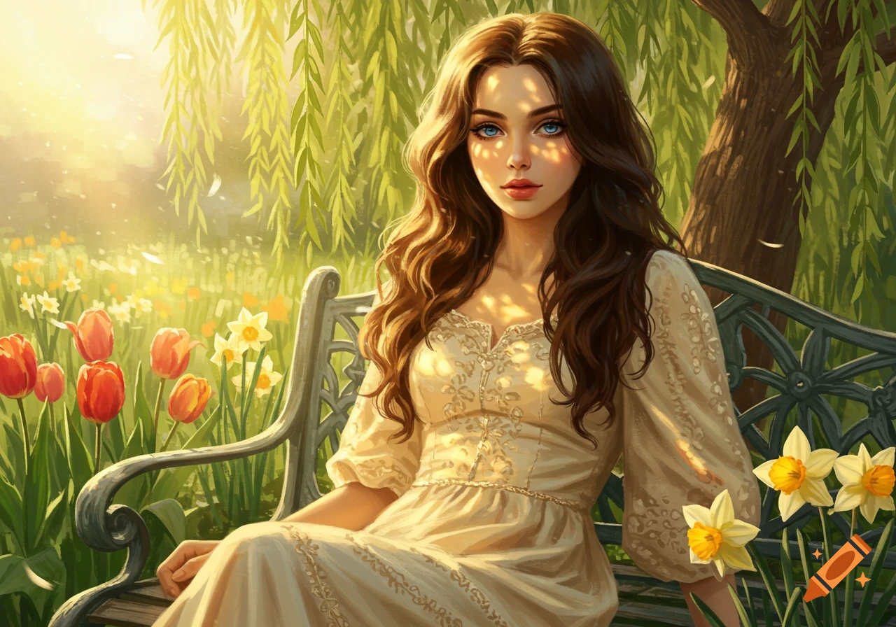 Illustrative portrait of a woman with brown hair and blue eyes sitting on a garden bench among tulips and daffodils in golden light.