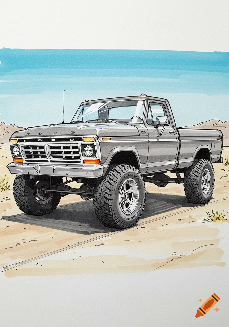 Sketch of a gray vintage Ford Highboy pickup truck with large off-road tires, parked in a desert landscape under a blue sky.