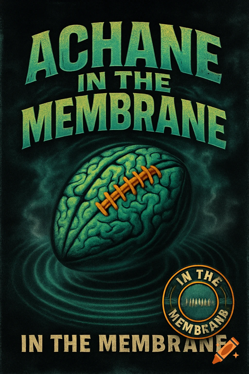 Gritty 90s-style poster with a football-shaped brain. Text reads 'ACHANE IN THE MEMBRANE'.