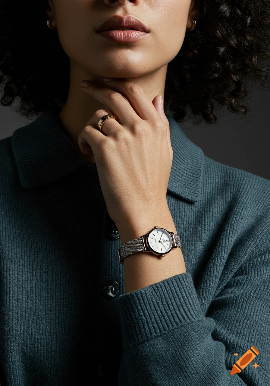 Close-up of a person wearing a silver mesh strap watch and a gold ring, dressed in a teal sweater.