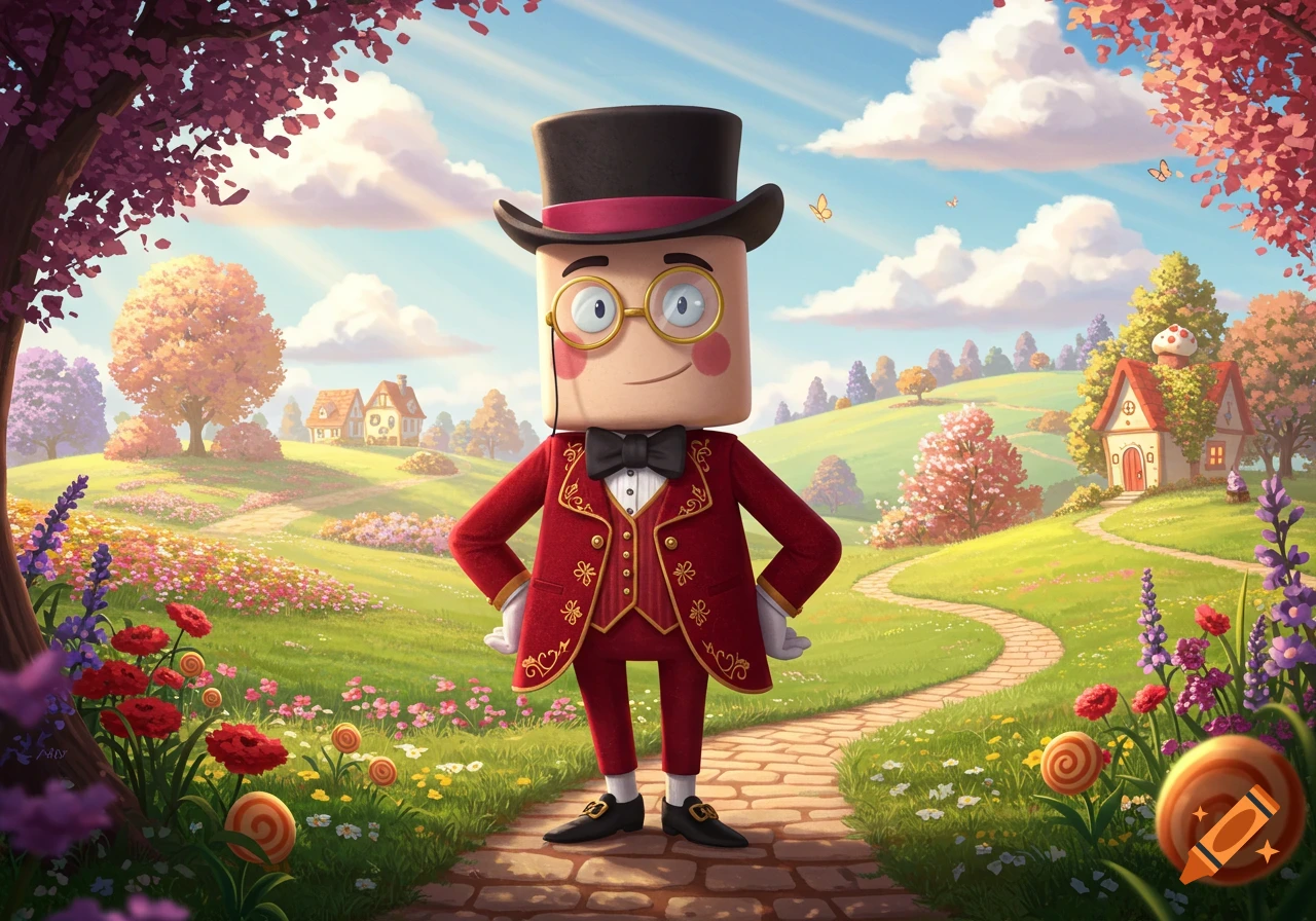 A dapper marshmallow-headed character in a red suit and top hat stands on a path in a vibrant, whimsical fantasy landscape.