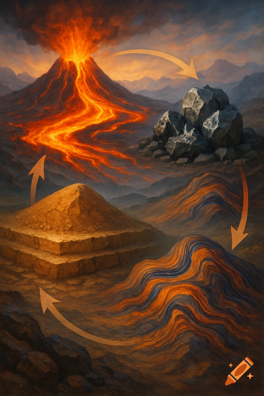 A geological diagram illustrating the rock cycle with an erupting volcano, lava flow, rock formations, and arrows indicating transformation.