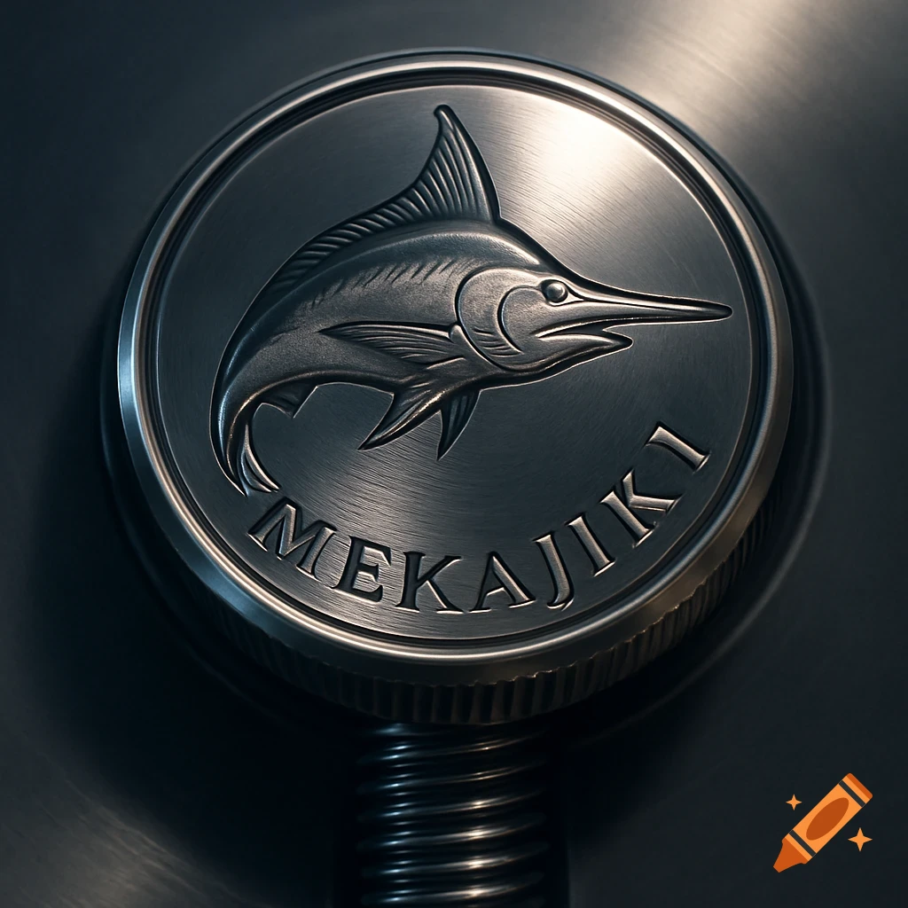 Close-up of a brushed metal button with an embossed swordfish logo and 'MEKAJIKI1' text, on a threaded screw base.