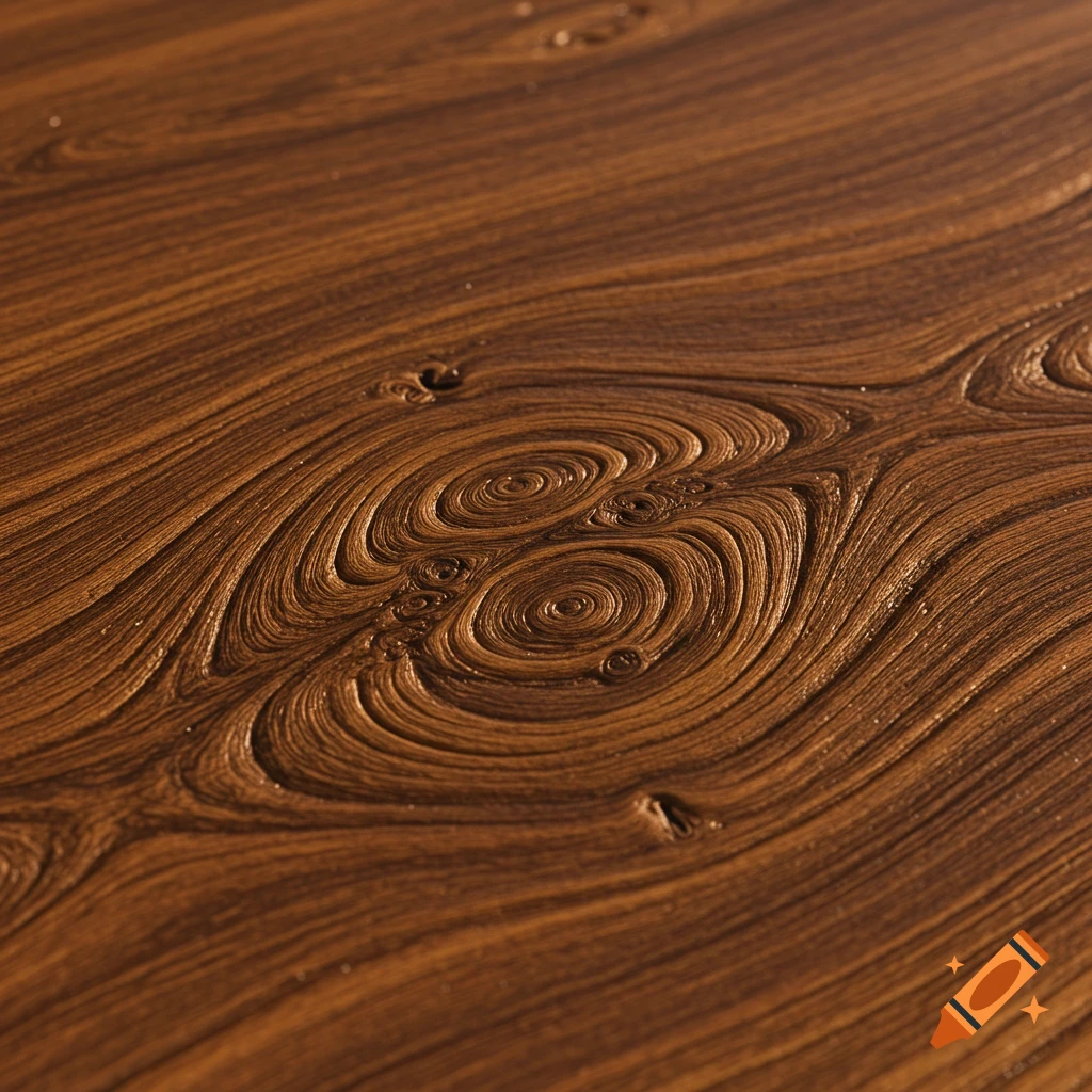 Close-up of dark brown wood texture with intricate swirling grain patterns and knots.