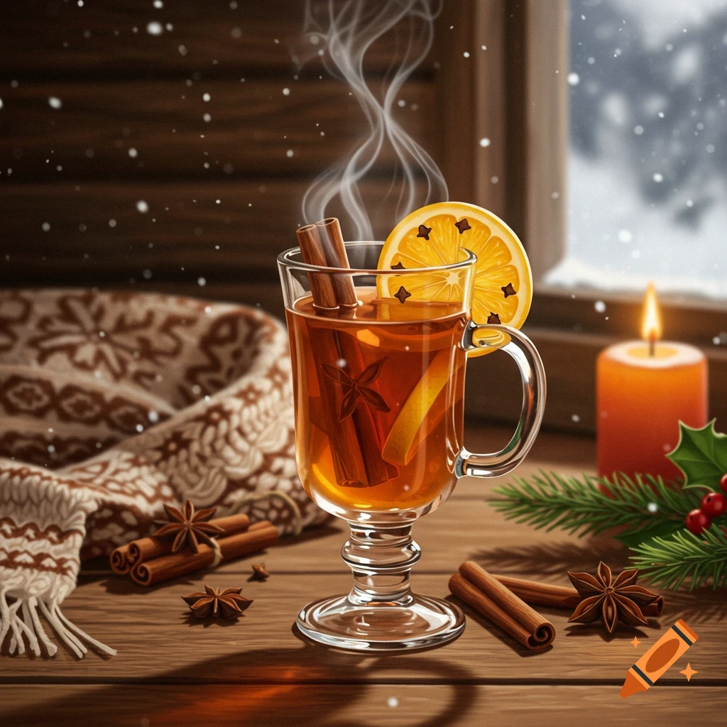 Steaming hot toddy with orange and spices, set on a wooden table in a cozy winter scene with falling snow and a lit candle.