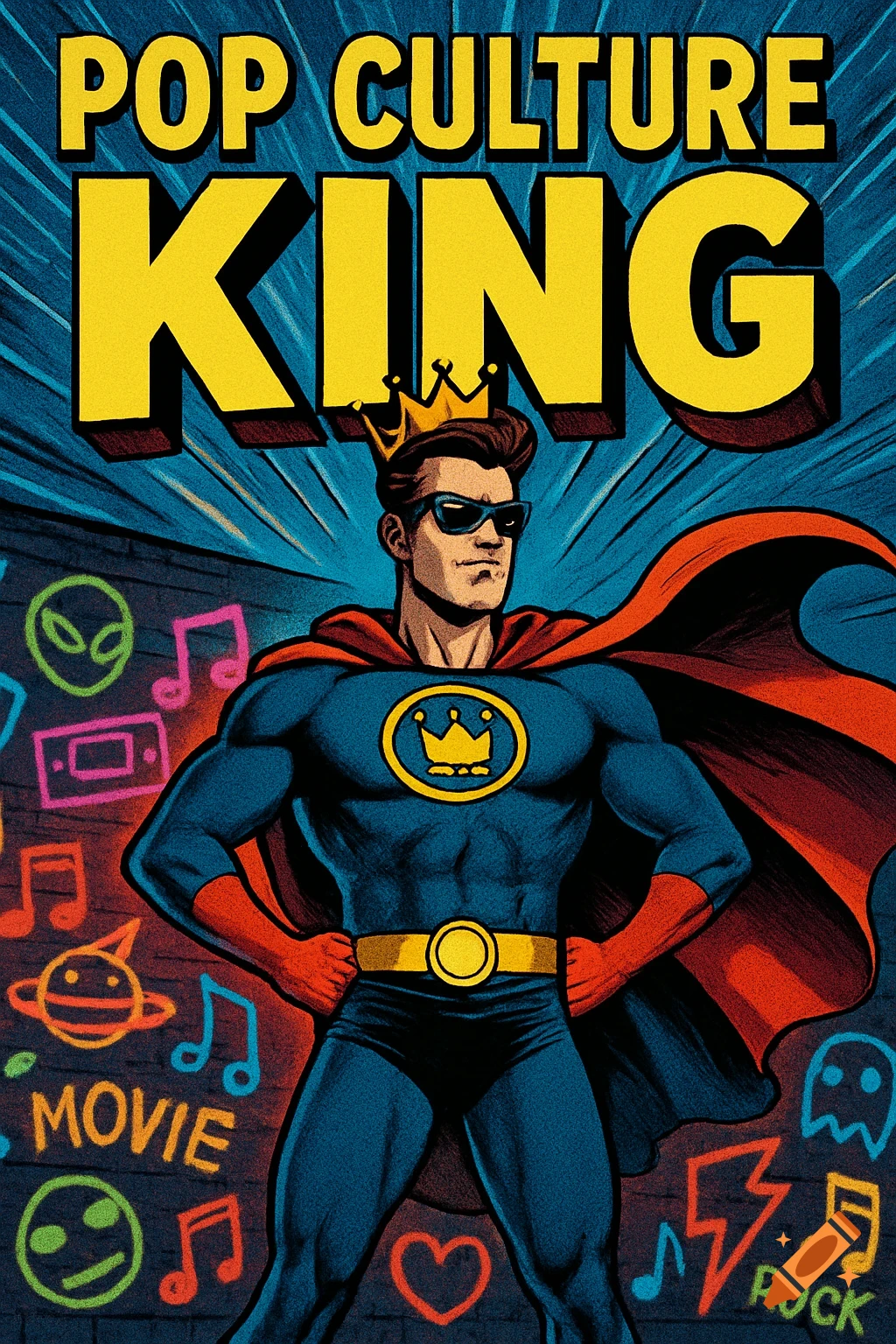Comic book style illustration of a superhero with a crown, sunglasses, and cape, standing in front of a graffiti wall. Text reads 'POP CULTURE KING'.