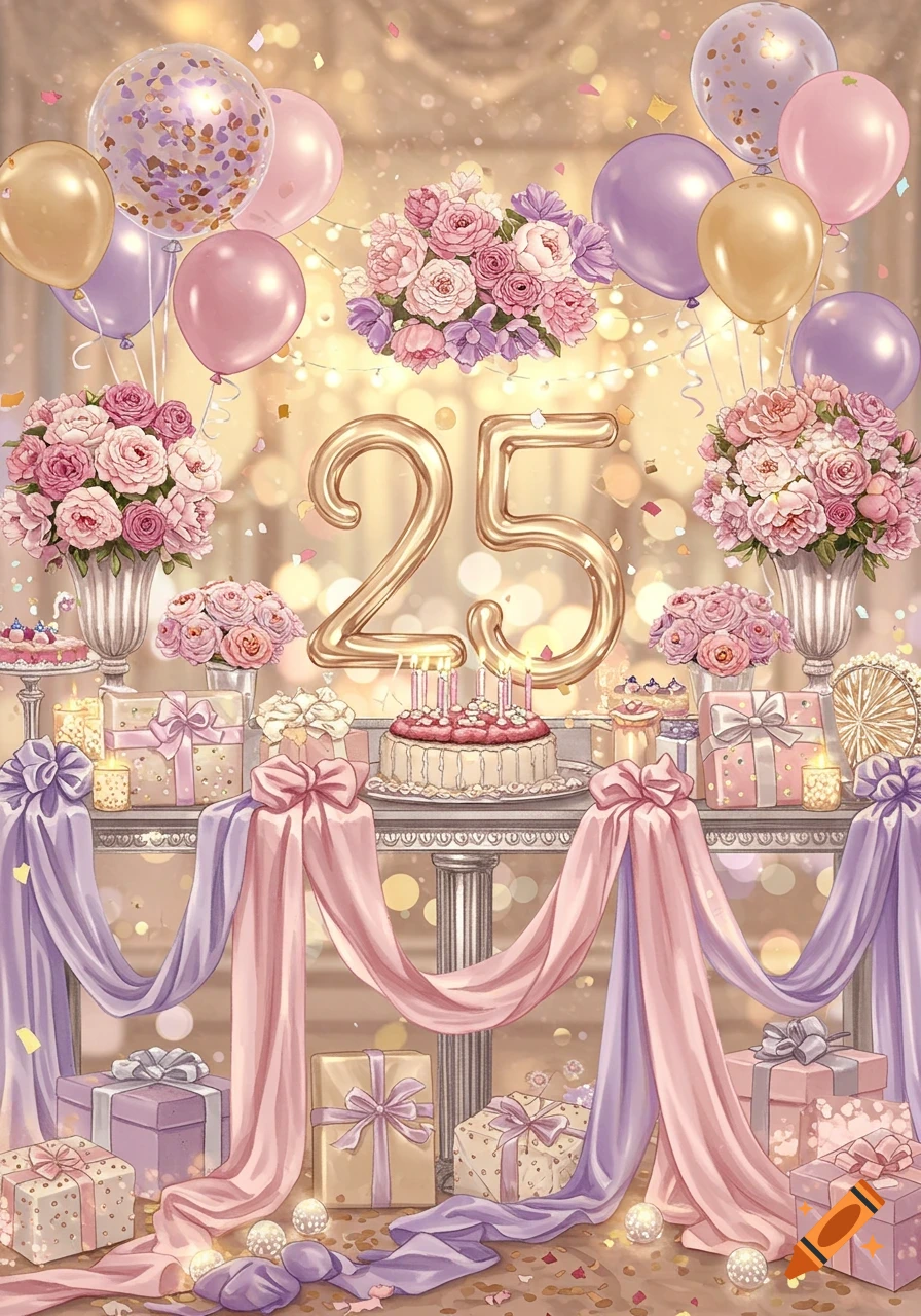 Stylized illustration of a 25th birthday celebration featuring golden '25' numbers, balloons, flowers, gifts, and cake.