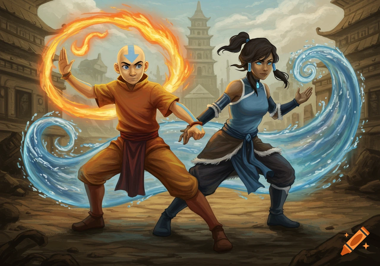 Aang and Korra from Avatar face forward, Aang surrounded by fire and Korra by water, in a stylized action pose.