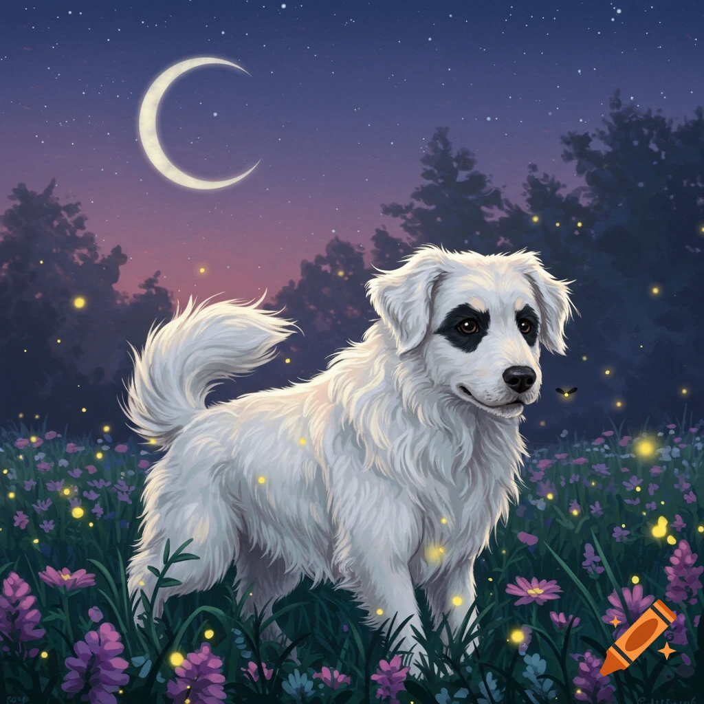 An illustrated white dog with black eye patches stands in a field of purple flowers under a crescent moon and starry night sky with fireflies.