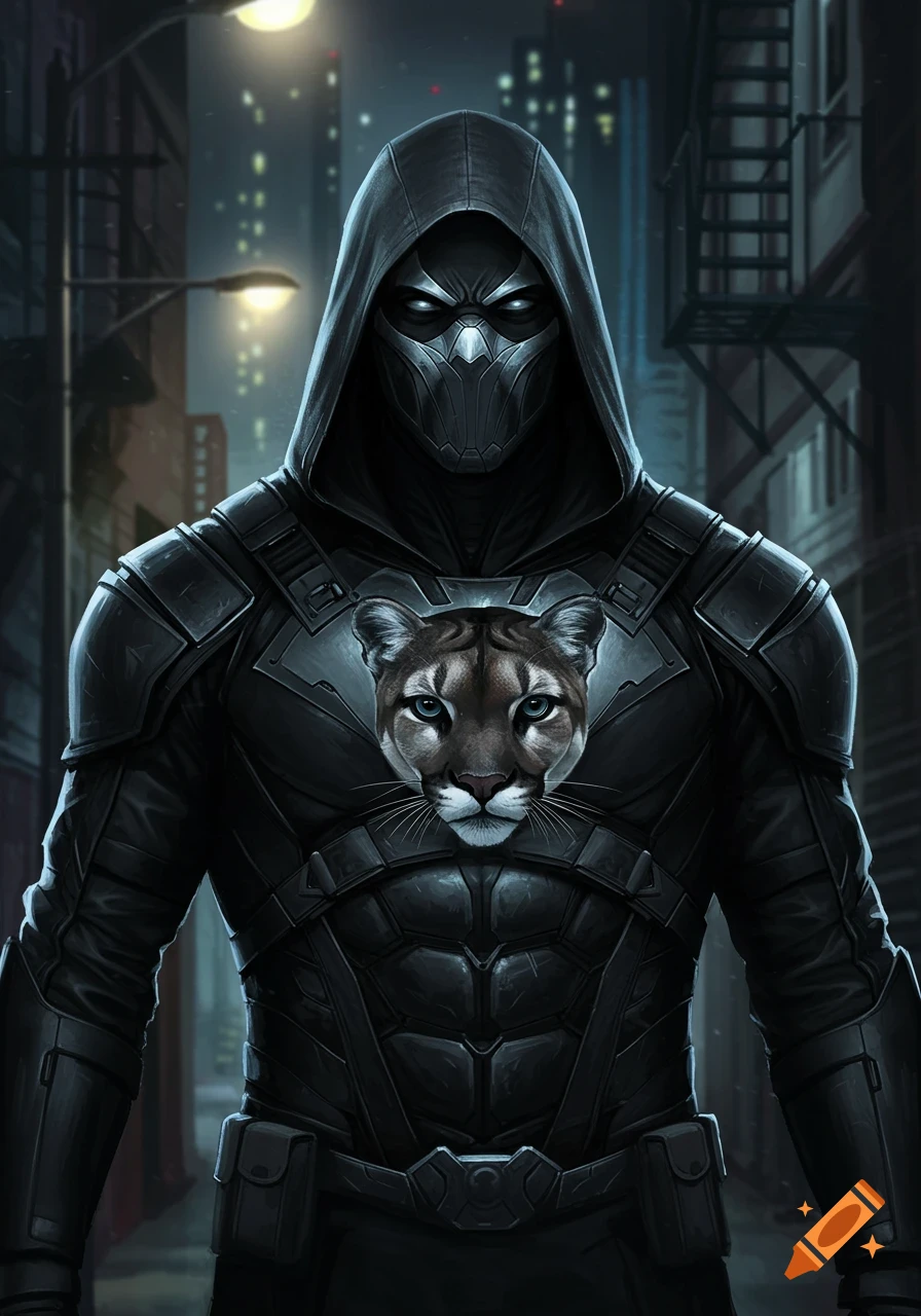 A masked villain in a black and grey hooded costume with a cougar head emblem on the chest, standing in a dark city alley.