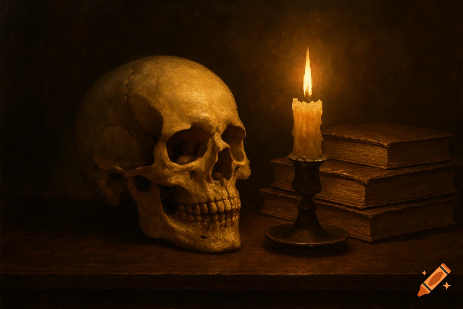 A dark still life painting featuring a human skull, a flickering candle, and a stack of old books on a wooden table.