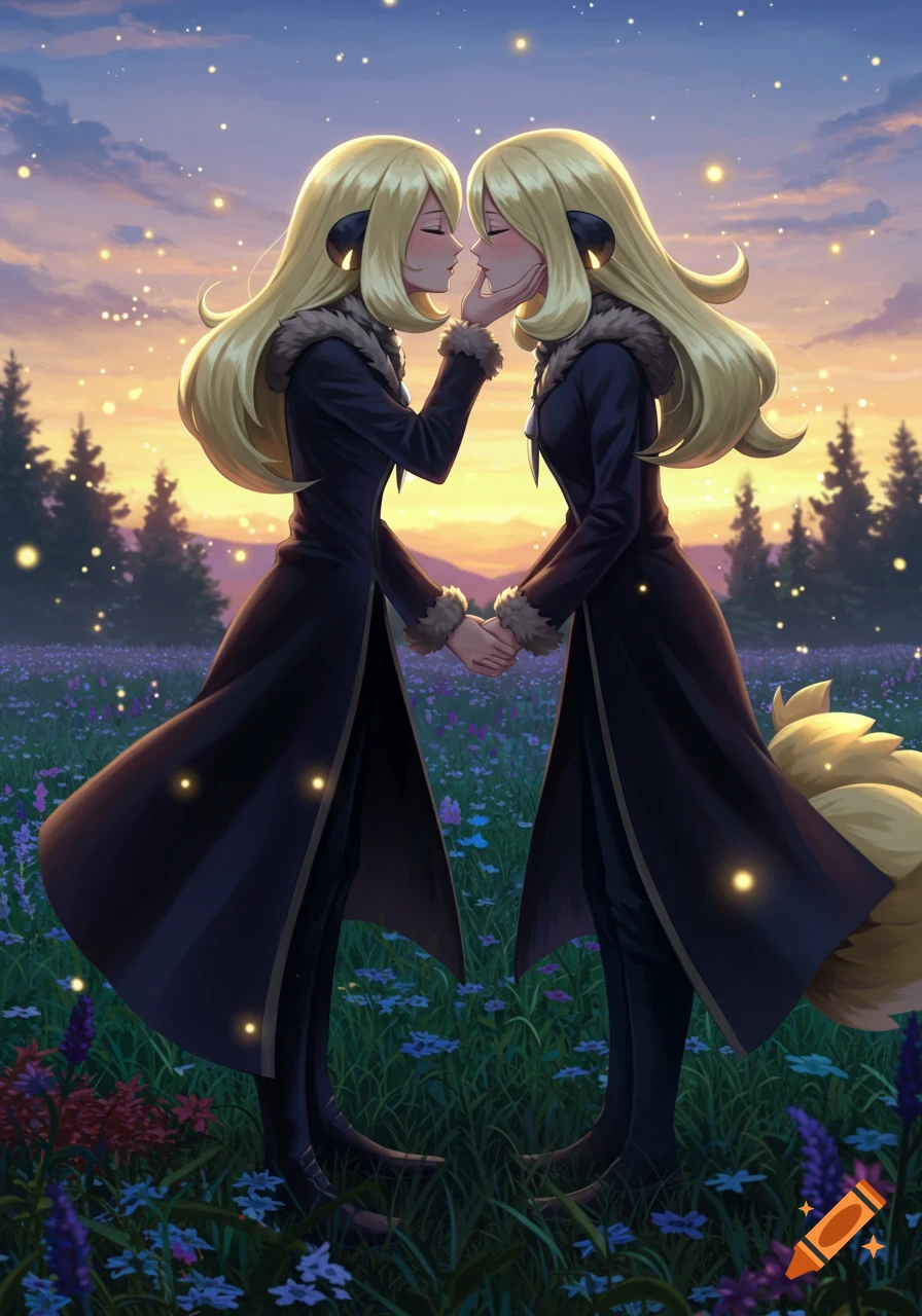 Anime art of two blonde women, Cynthia from Pokemon, holding hands and embracing in a flowery field at sunset.