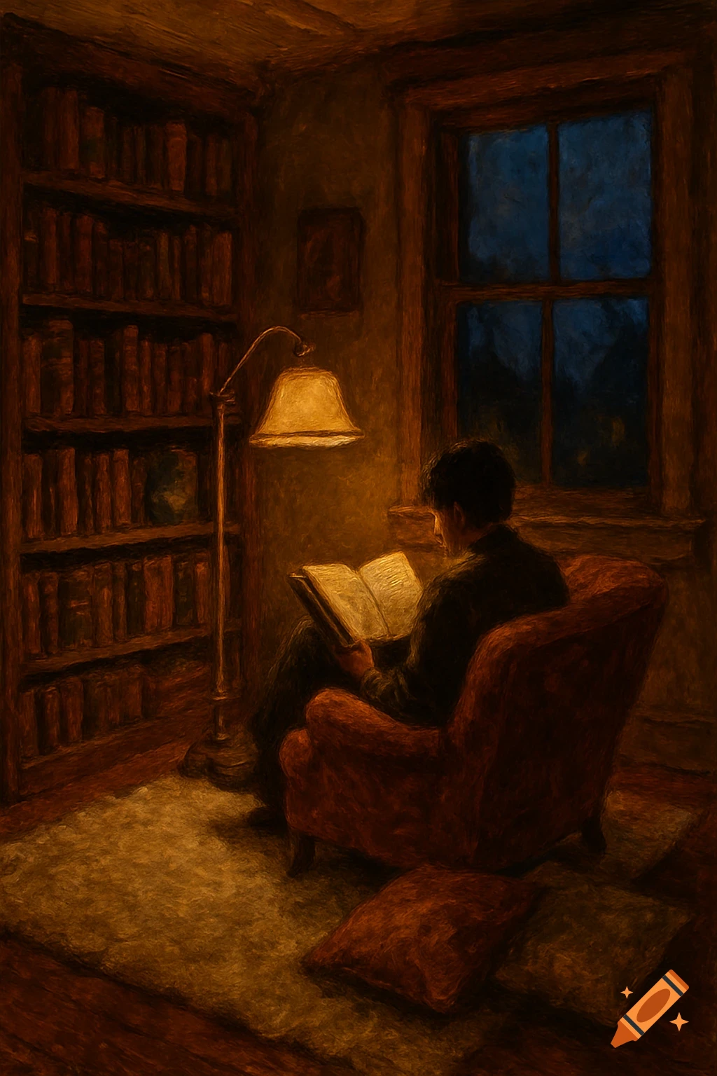 A person sits in a dimly lit room, engrossed in a book, next to a tall bookshelf and a window looking out at night, in a painterly style.
