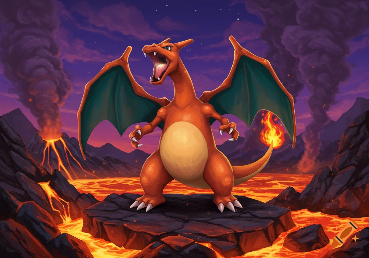 Charizard, a roaring orange dragon with green wings, stands on a rock in a fiery volcanic landscape under a purple starry sky.