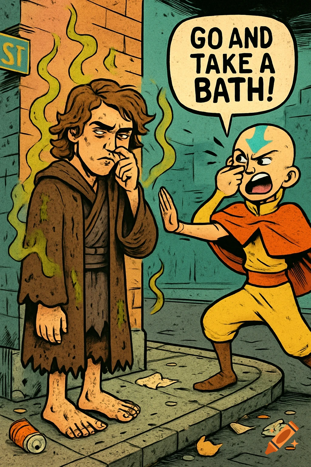 Cartoon Anakin Skywalker, dirty and picking his nose, is told "GO AND TAKE A BATH!" by Aang, who covers his nose in disgust.