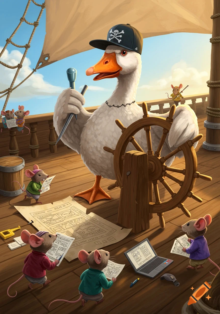 A cartoon goose in a pirate hat steers a ship while a crew of mice work on website designs on the deck.