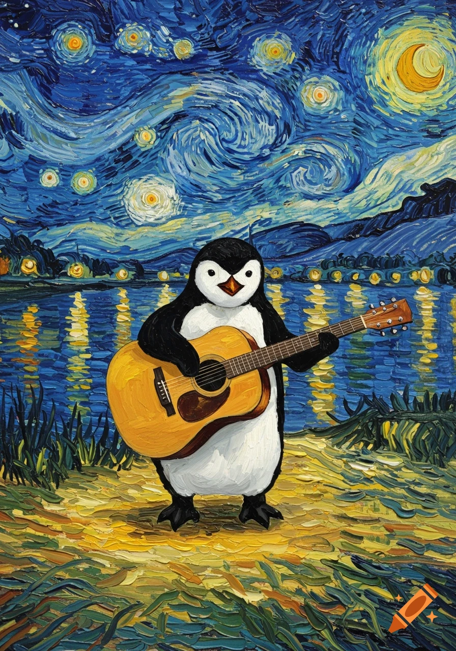 Van Gogh style painting of a penguin playing an acoustic guitar by a lake under a starry night.