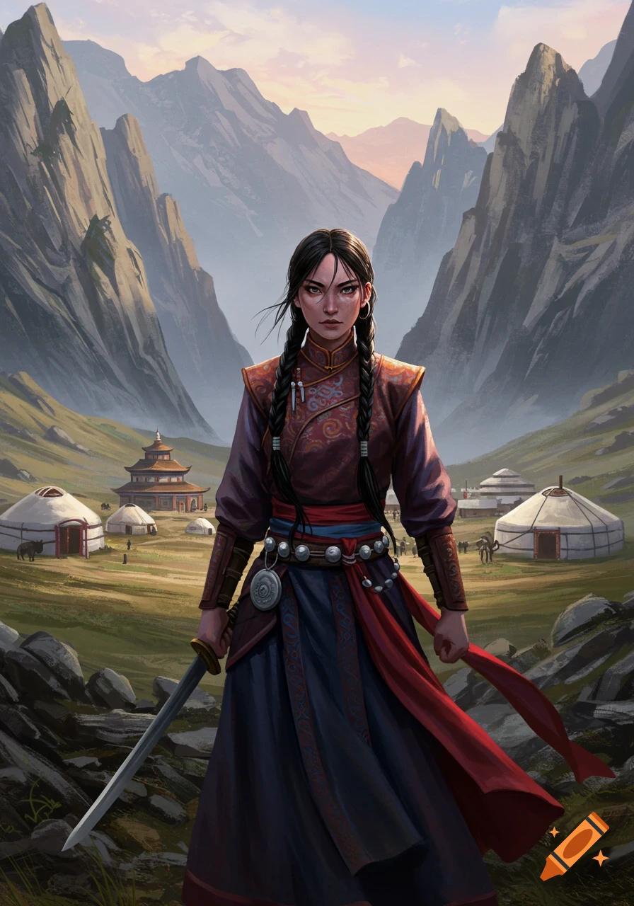 A fierce young Mongolian woman in traditional attire holds a sword in a mountain village with yurts and temple, fantasy art style.