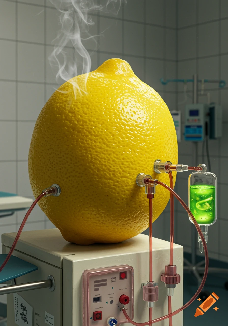 A large lemon connected to a dialysis machine with tubes and an IV drip, emitting smoke from its top in a sterile hospital-like room. Photorealistic style.