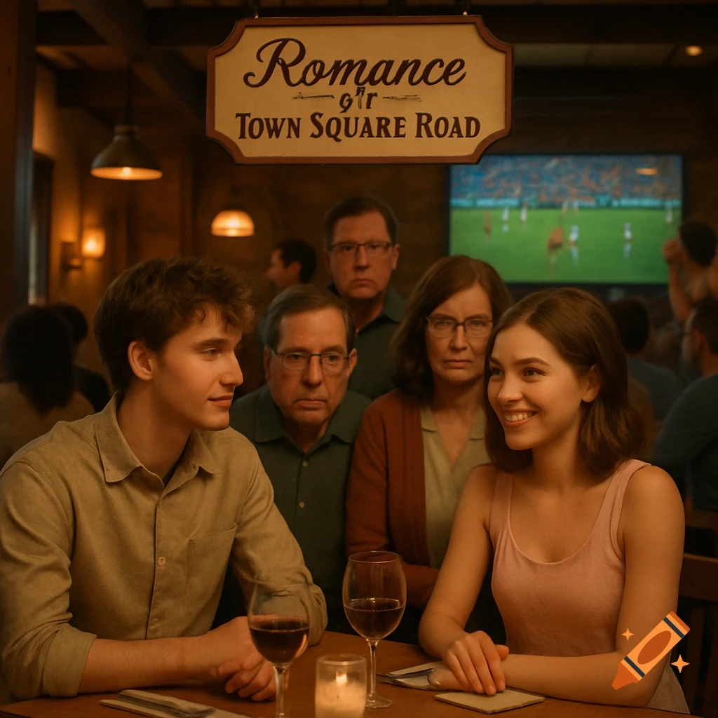 A young couple on a date in a restaurant, her parents behind them. A sign reads 'Romance Town Square Road', with a football game on a TV.