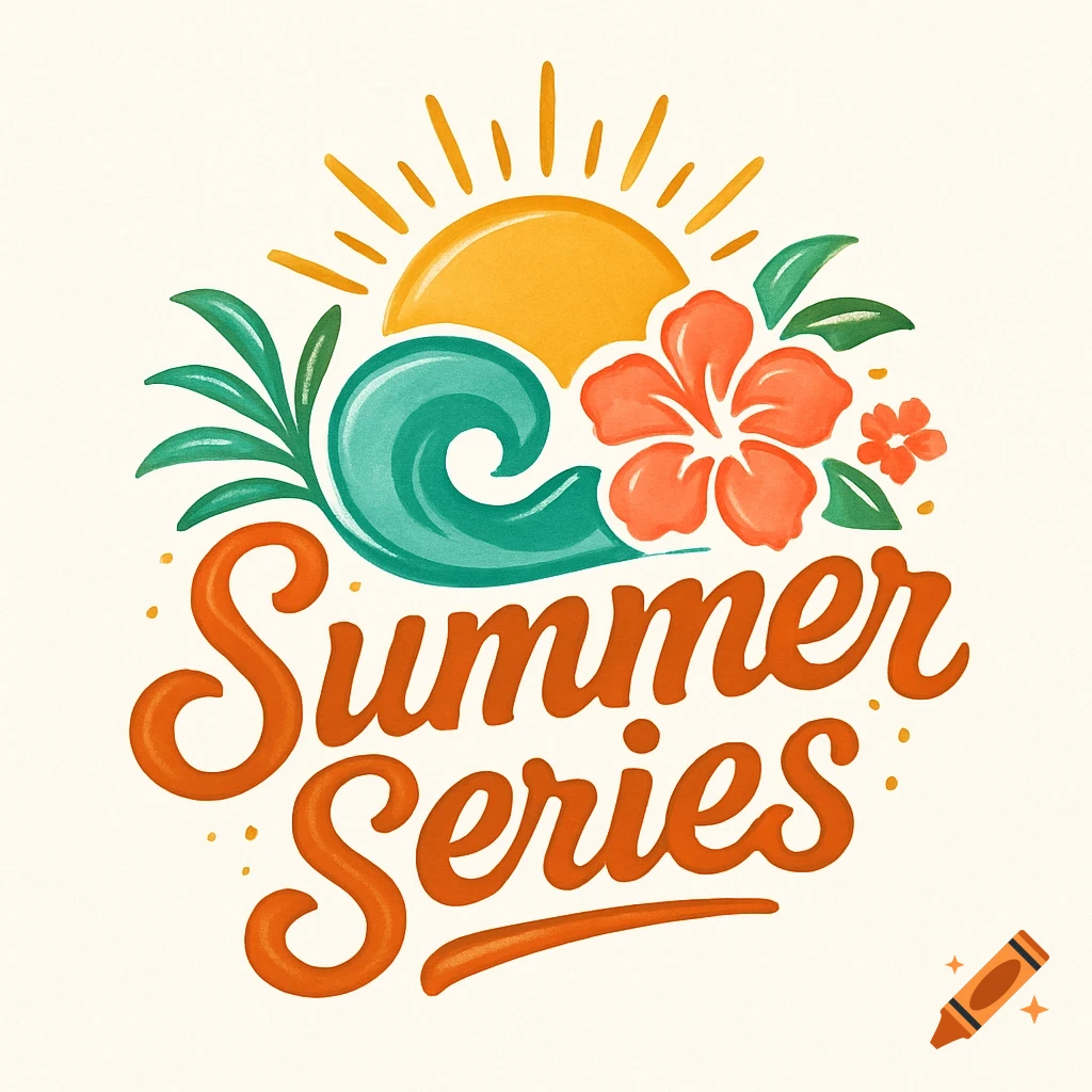 A vibrant retro-style logo with 'Summer Series' text, a yellow sun, a teal wave, and orange hibiscus flowers.