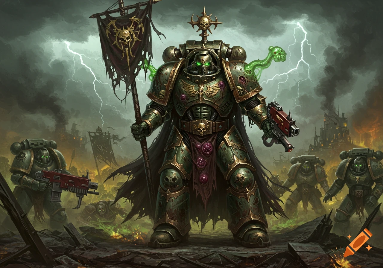A Death Guard Space Marine in green armor holds a tattered banner amidst a stormy, war-torn landscape with other armored warriors.