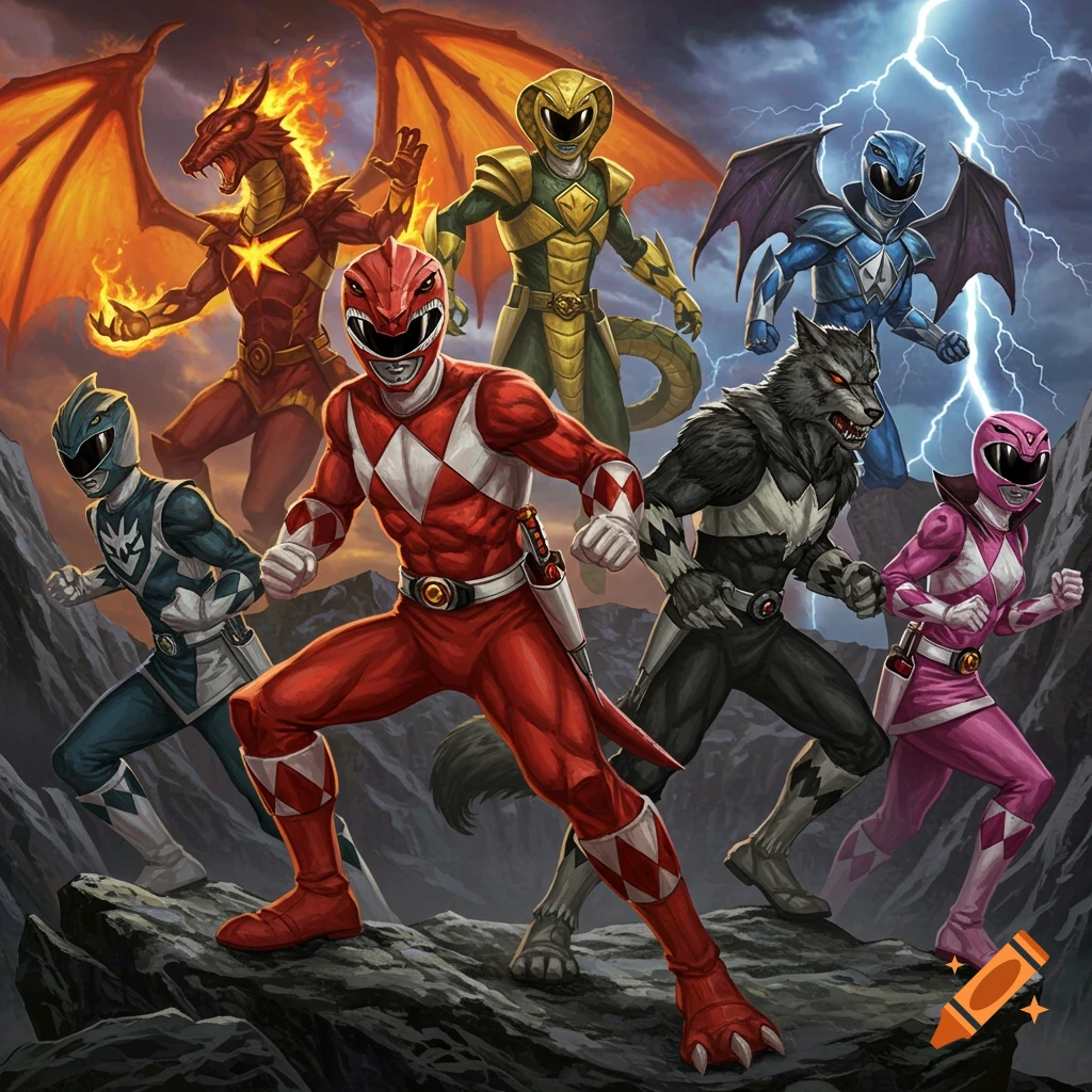 A team of monster-themed Power Rangers, including dragon, serpent, werewolf, kraken, and vampire rangers, stand on a rocky landscape with lightning.