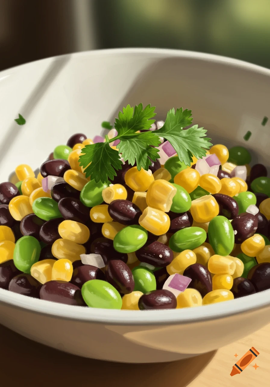 A white bowl filled with a colorful mixed salad of black beans, yellow corn, green edamame, and chopped red onion, garnished with fresh cilantro.