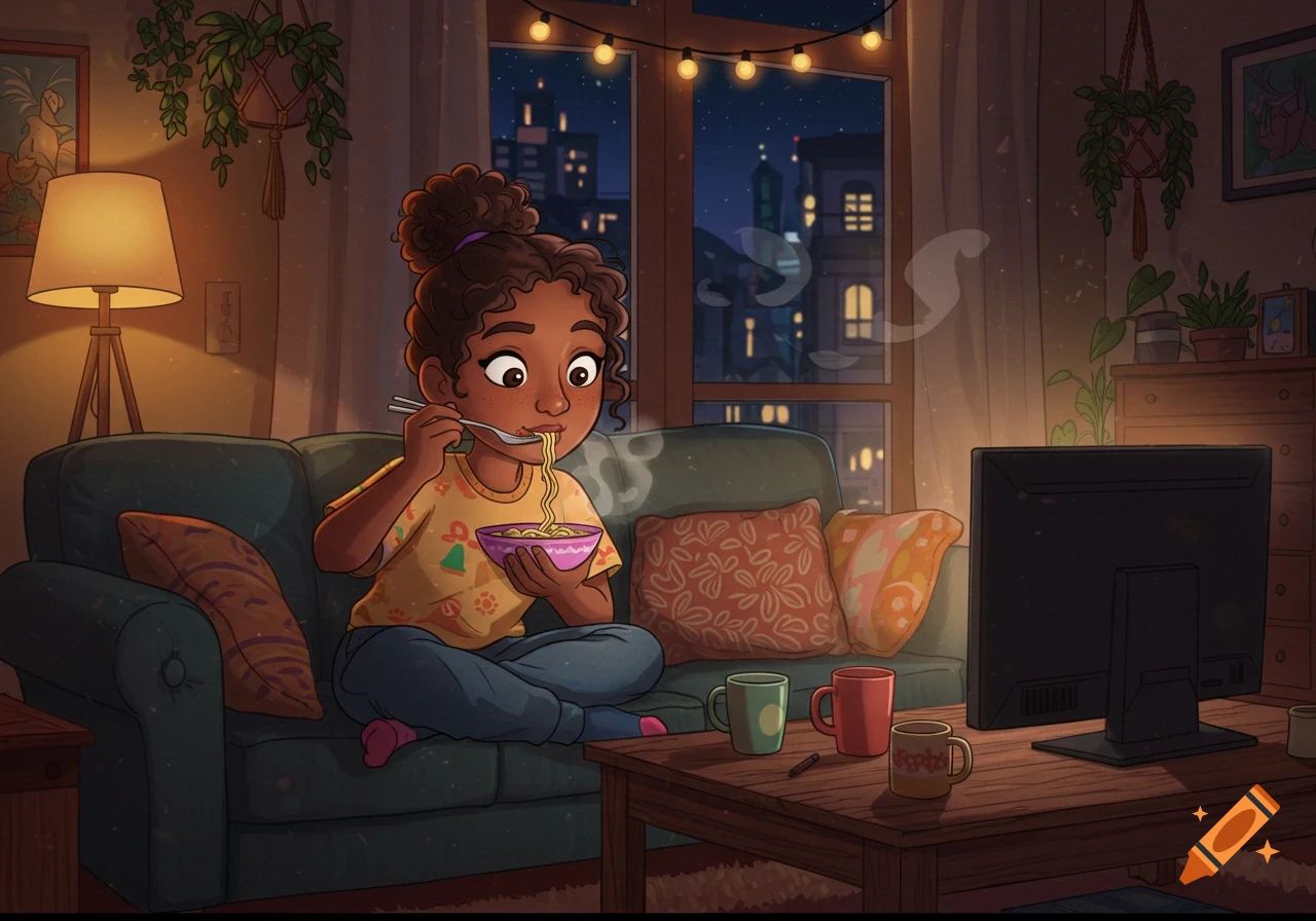 Cartoon of a brown-skinned woman eating noodles on a couch in a cozy, dimly lit room at night, watching TV.