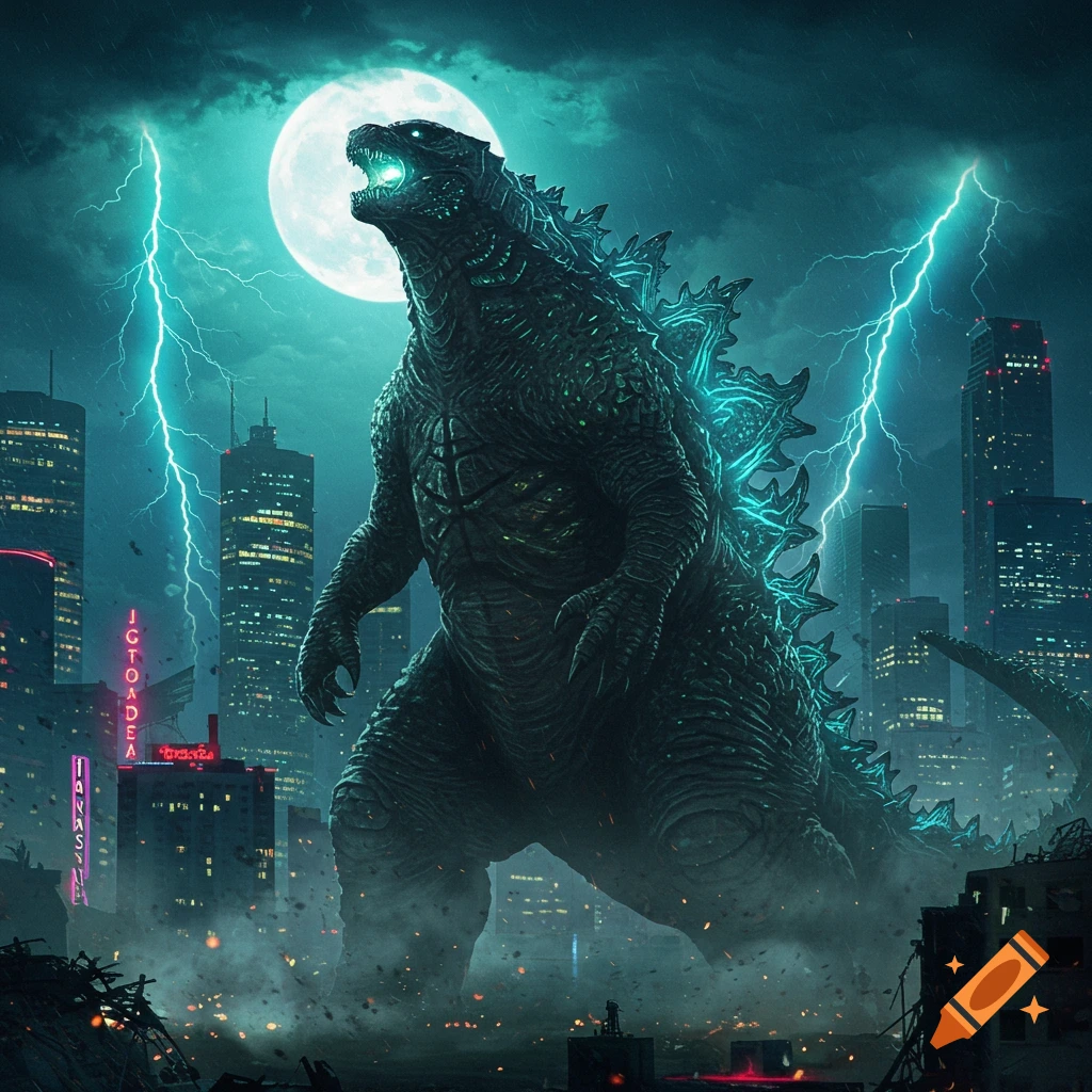 Massive Godzilla with glowing dorsal fins and eyes stands roaring in a destroyed city under a full moon with lightning.