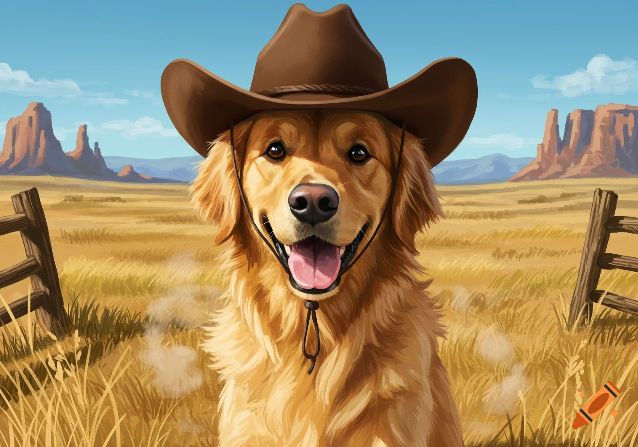 A happy golden retriever in a brown cowboy hat sits in a golden field with desert mesas under a blue sky, digital painting.