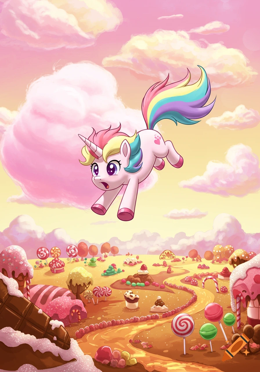 A cute cartoon unicorn with a rainbow mane and tail floats above a colorful candy land filled with sweets and desserts.