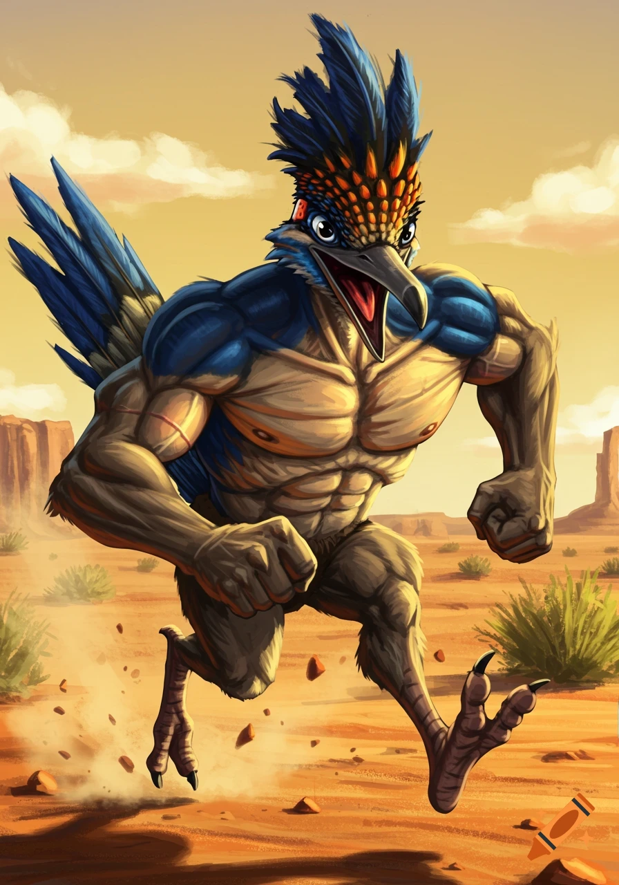 An angry grinning, muscular anthropomorphic roadrunner running fast through a desert landscape.