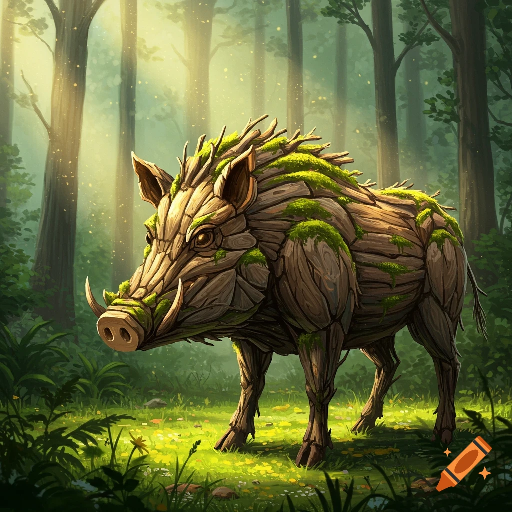 A stylized wild boar made of wooden logs and green moss stands in a sunlit forest.