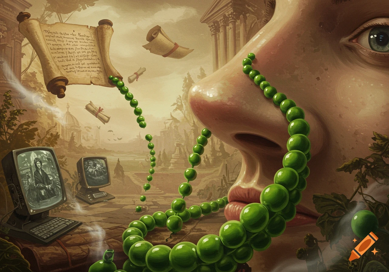 A surreal painting featuring a giant human nose and mouth, an eye, green beads resembling peas flowing from the nose and a scroll, old monitors, and classical architecture in the background.