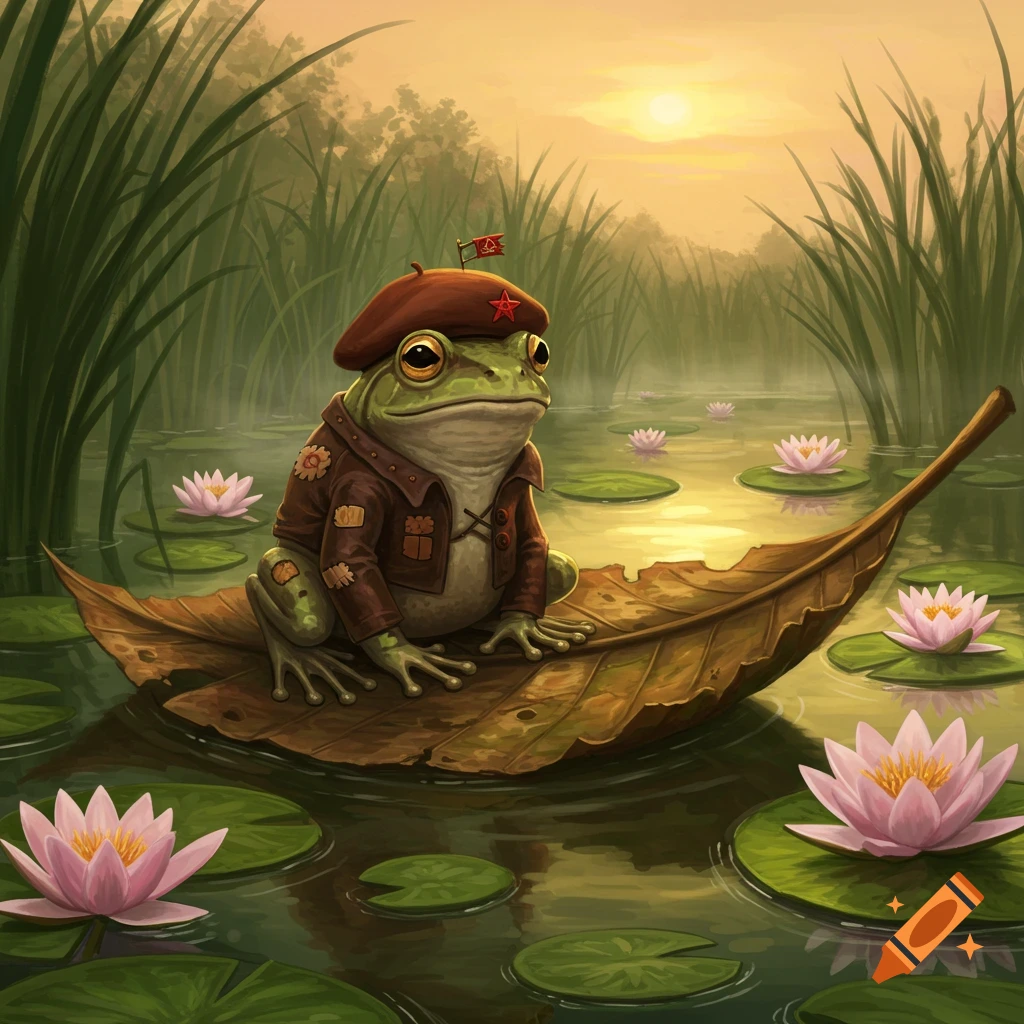 A frog in a brown beret with a red star and a patched jacket sits on a large leaf boat in a misty swamp pond with pink water lilies.