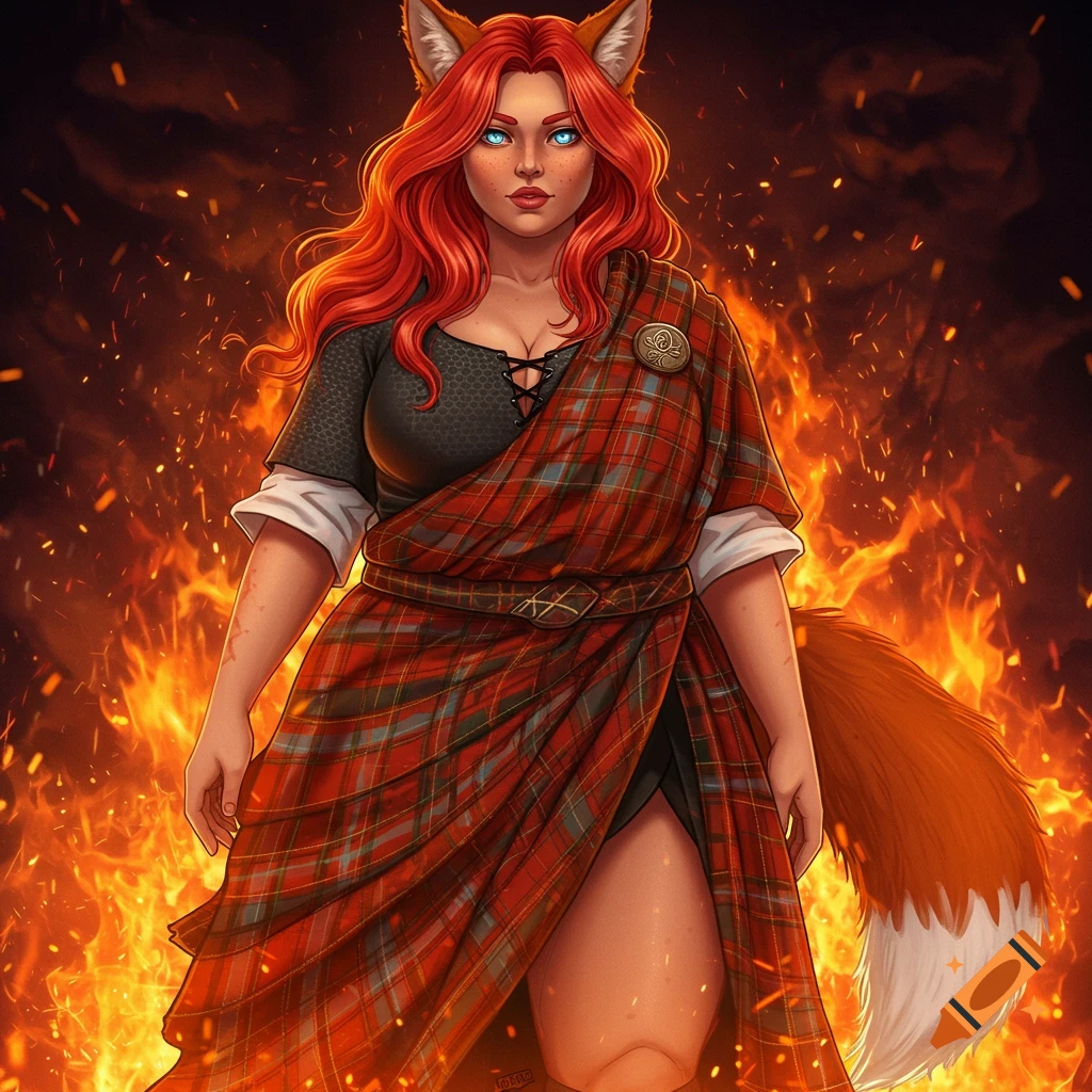 Anime style illustration of a red-haired fox-woman in a red tartan kilt, standing amidst flames.