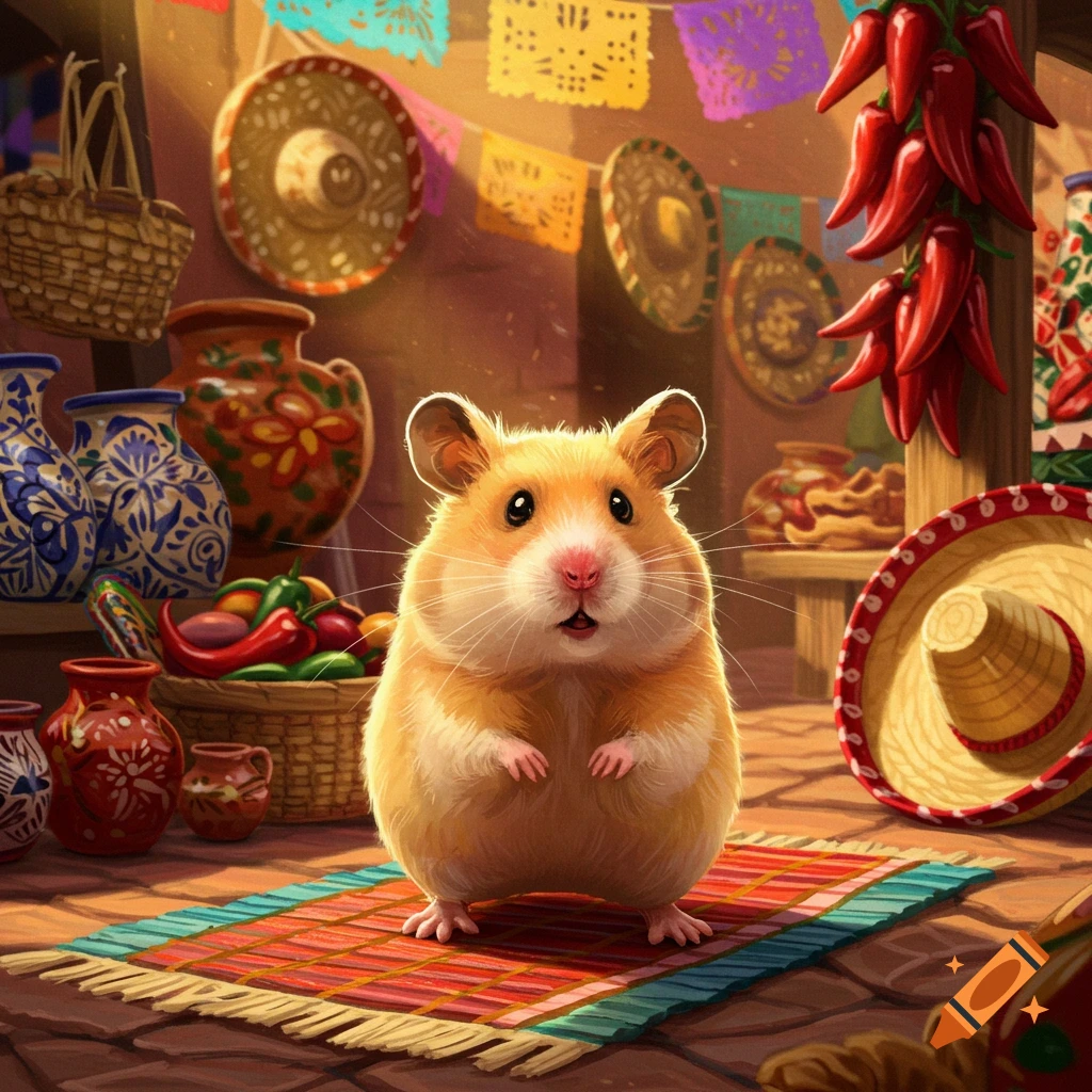 A cute, fluffy golden hamster stands on a colorful rug in a vibrant Mexican market with sombreros, pottery, and chili peppers.