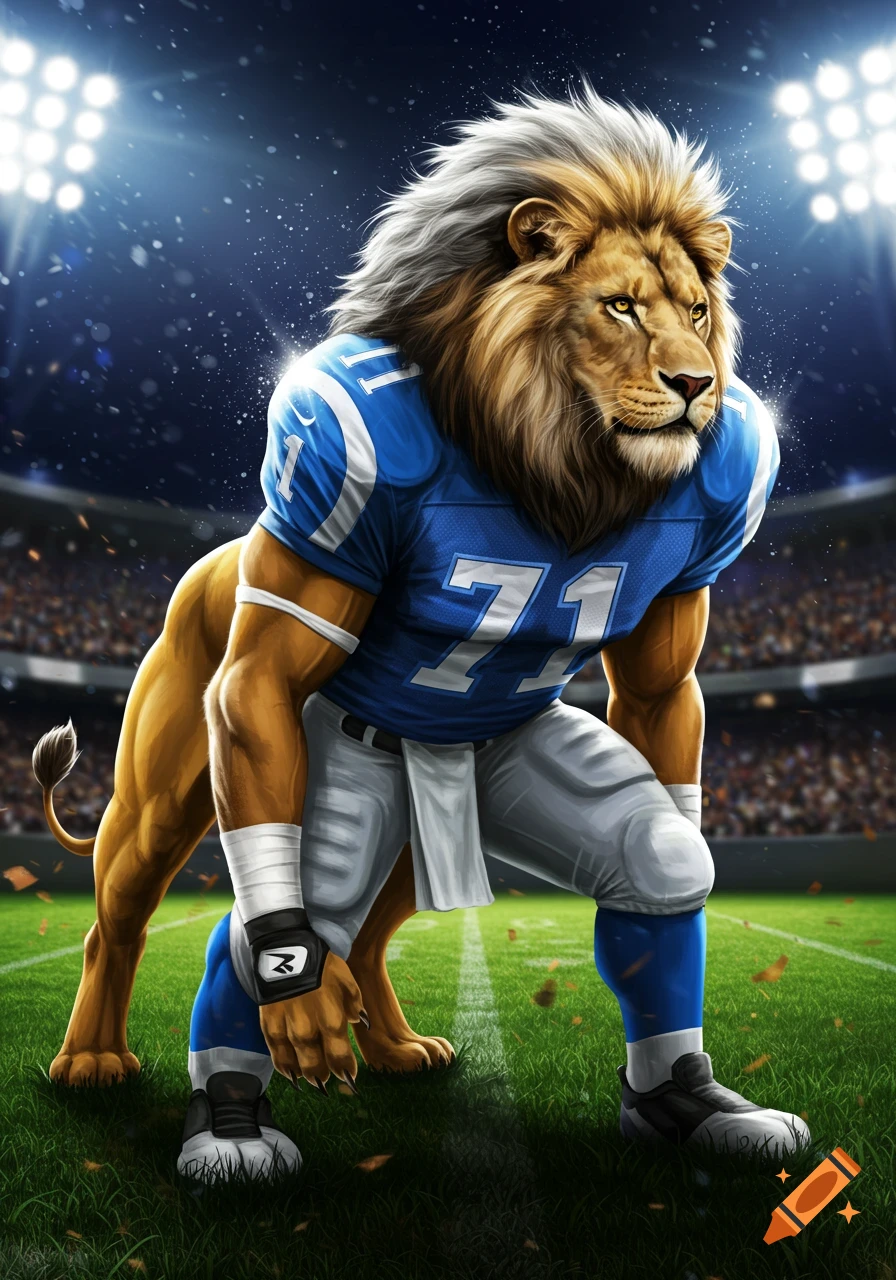 A muscular lion, wearing a blue and silver football uniform with the number 71, kneels on a stadium field at night.