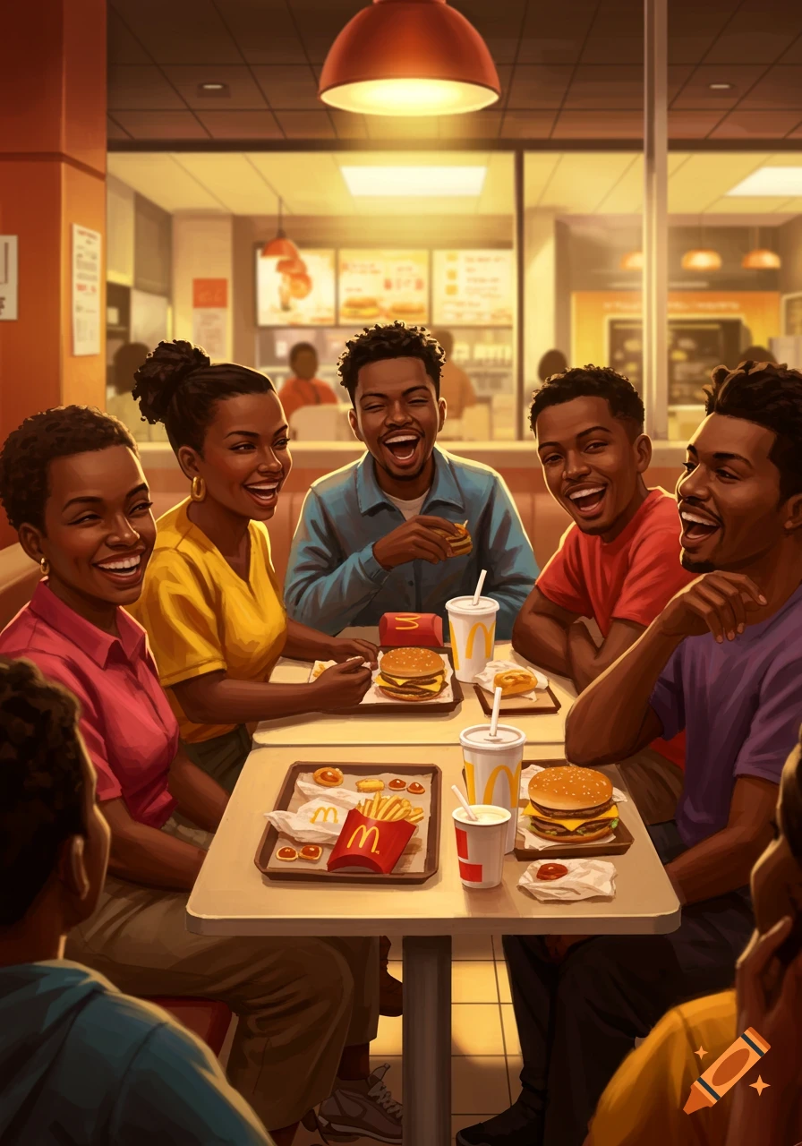 An illustration of five Black people joyfully eating fast food at a McDonald's-style restaurant, laughing together.