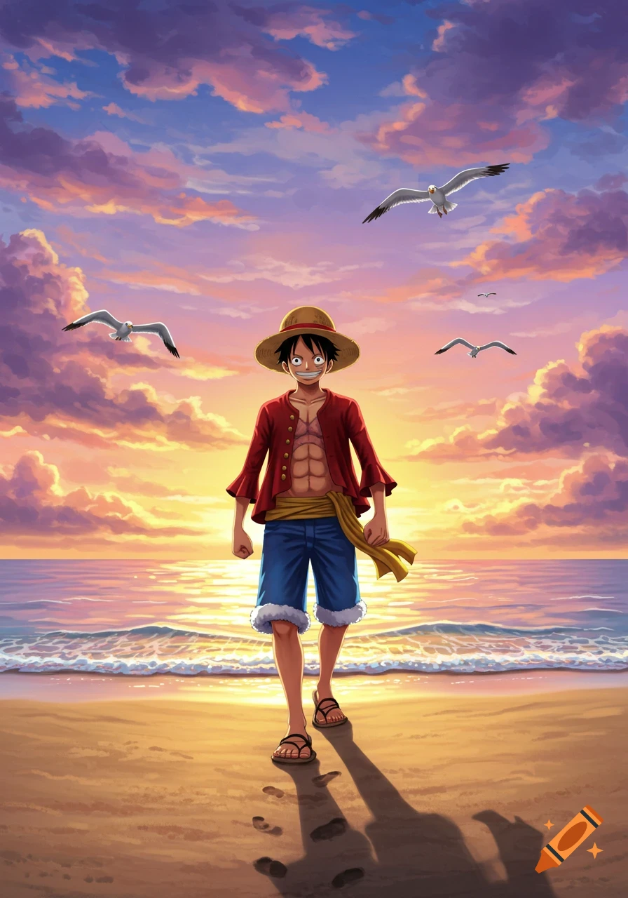 Luffy from One Piece walks along a sandy beach at sunset with vibrant orange and purple clouds.